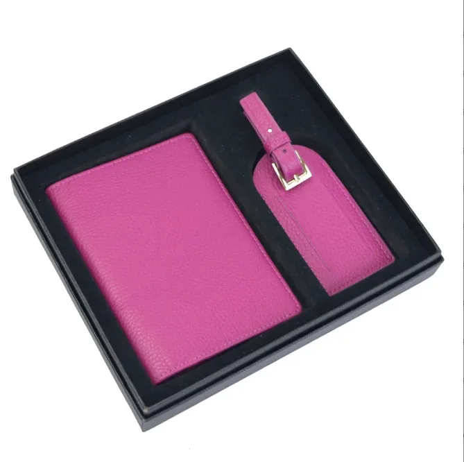 pebble style top layer of cowhide simple portable passport holder travel passport clip anti loss luggage tag gift box packaging