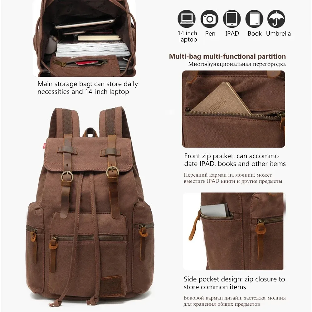 sac à dos rétro en toile pour homme, adapté pour ordinateur portable 14 pouces, vintage, résistant à l'usure, café, livraison au goutte-à-goutte, 36-55l