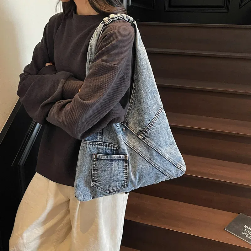 sac en denim vintage pour femmes, sac à bandoulière léger en denim délavé de grande capacité, fourre-tout de voyage en plein air, 2025