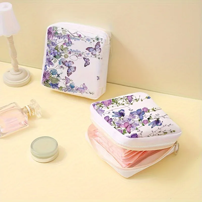 sac de rangement pour serviettes hygiéniques imprimées papillon violet, sac en tissu léger pour femmes, sac en tissu hygiénique