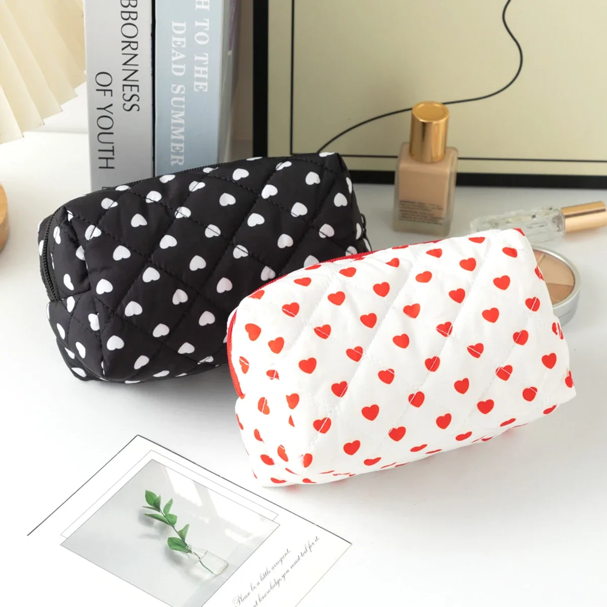 sac à pinceaux de maquillage à motif cœur mignon, pochette cosmétique en coton avec cordon de serrage pour femmes, organiseur de rangement pour articles de toilette de voyage, cadeau