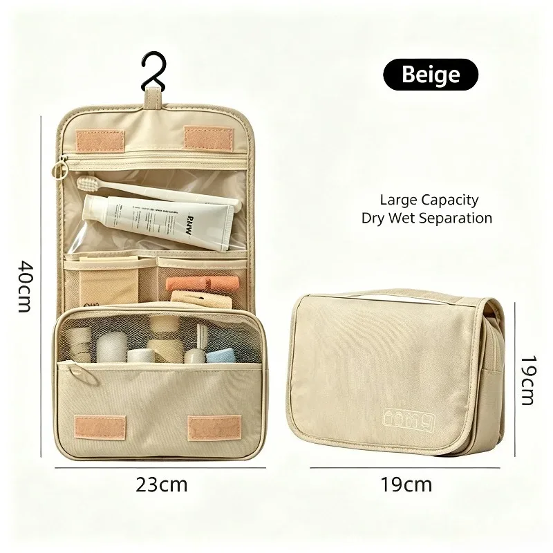 sac de voyage suspendable pour cosmétiques, grande capacité, trousse de toilette portable, séparation sec/humide, pour hommes et femmes, voyages d'affaires et de loisirs en plein air.