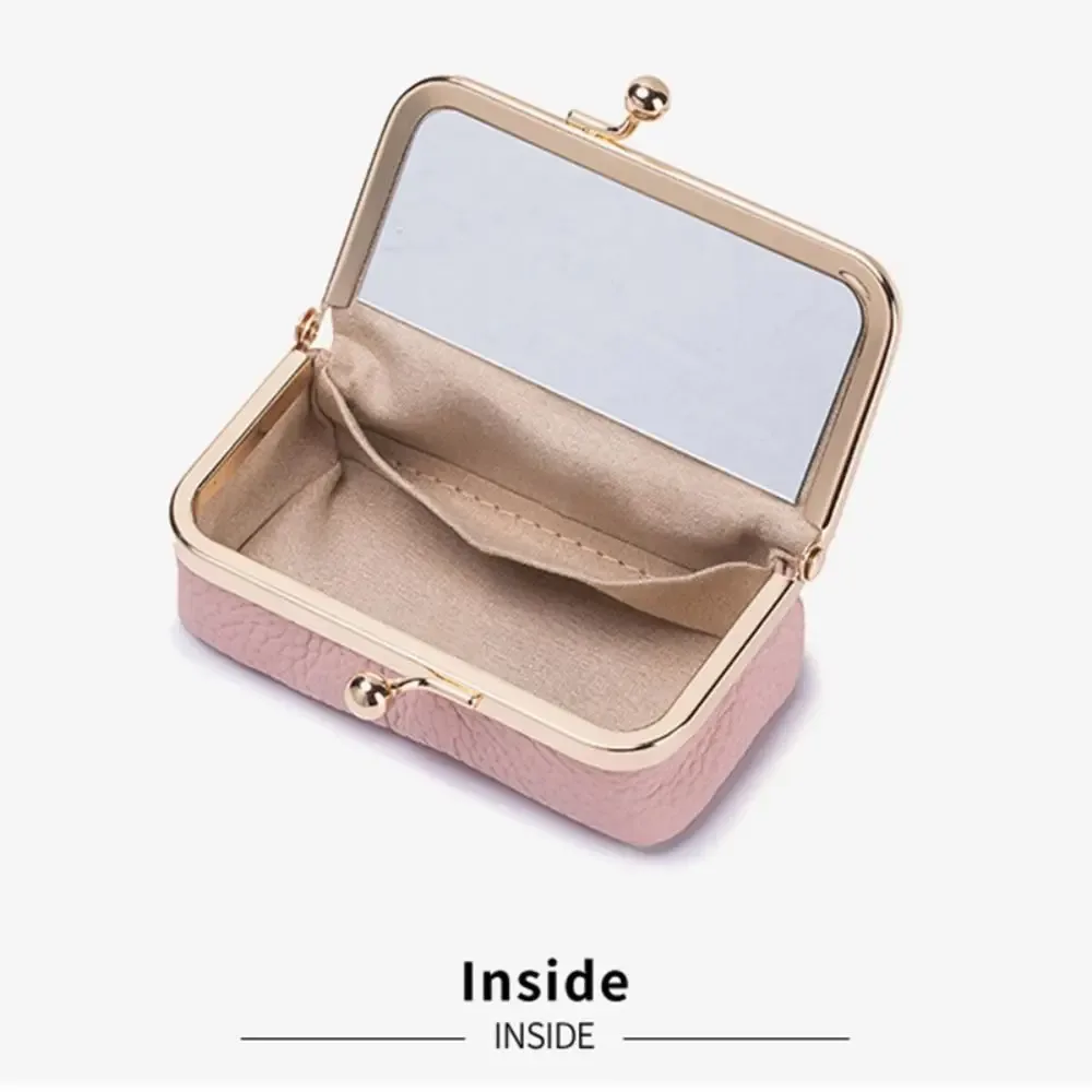 pochette à rouge à lèvres polyvalente et portable, exquise avec miroir de maquillage, sac à bijoux en cuir, couleur unie, sac de rangement anti-perte pour maquillage