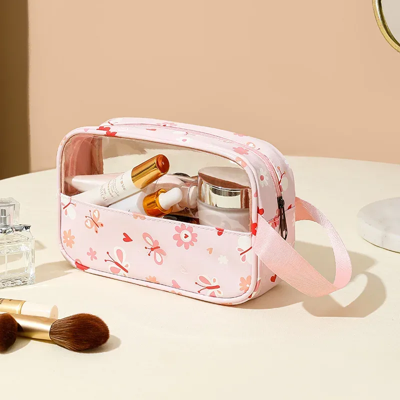 4 pièces sac de maquillage en pvc fleur imprimé sac à main de lavage transparent pochette cosmétique de voyage étanche trousse de toilette pratique porte-monnaie
