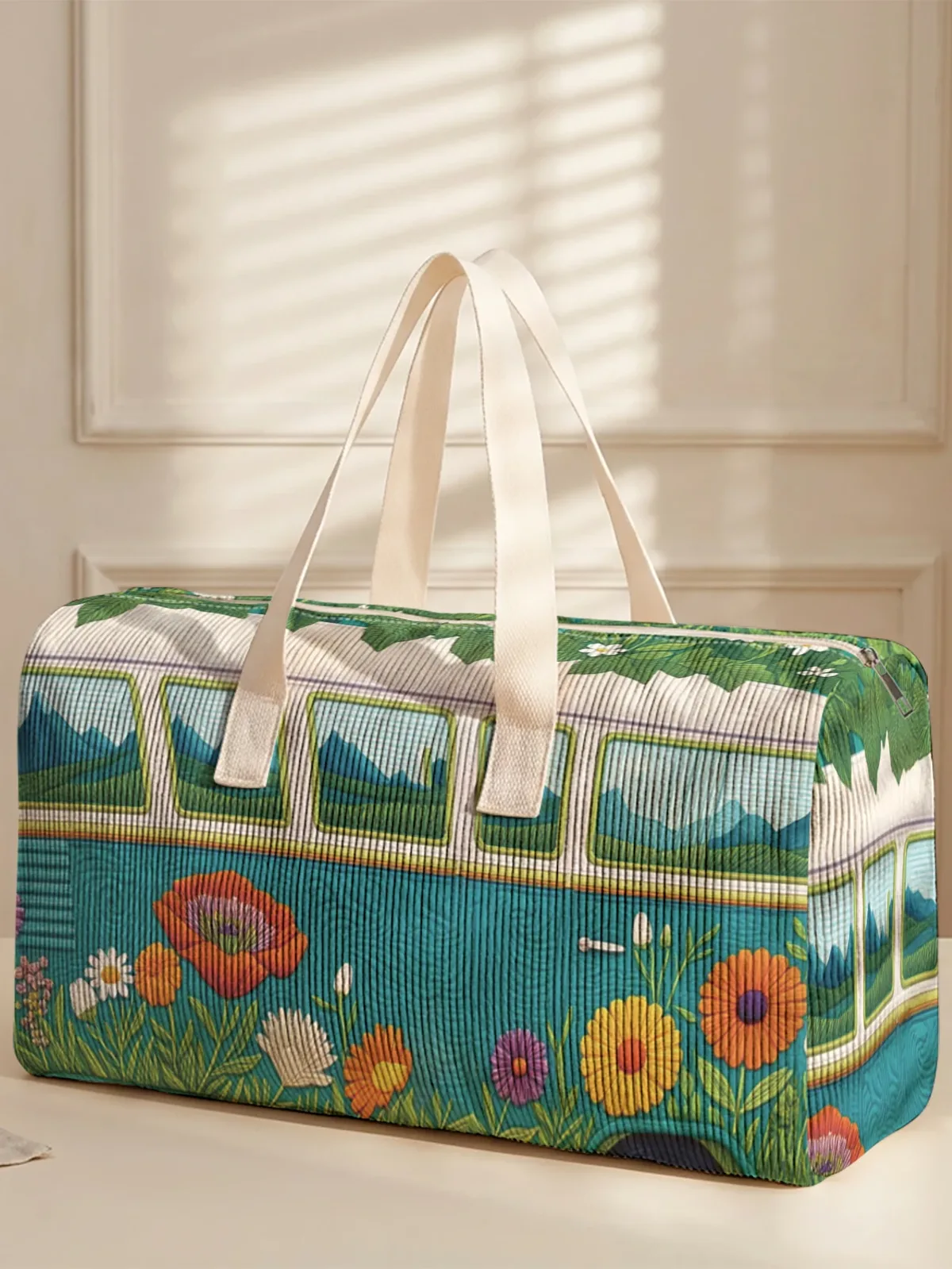 sac de voyage imprimé de bus floral rétro, deux styles, sac à main portable adapté aux voyages de week-end, aux sports et aux courses, 1 pièce