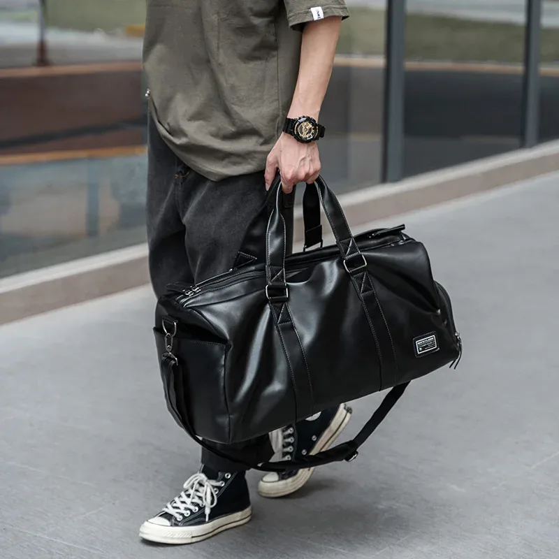 mate elan sac polochon de voyage en cuir pour hommes, sac étanche vintage avec pochette à chaussures, sac fourre-tout de week-end pour sports de nuit