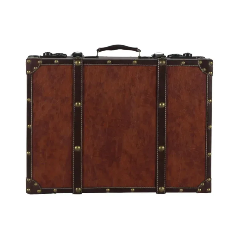 valise pu cuir simili vintage ligne verticale verde foncée roulettes poignées cuir marron rivets dorés voyage décoration maison