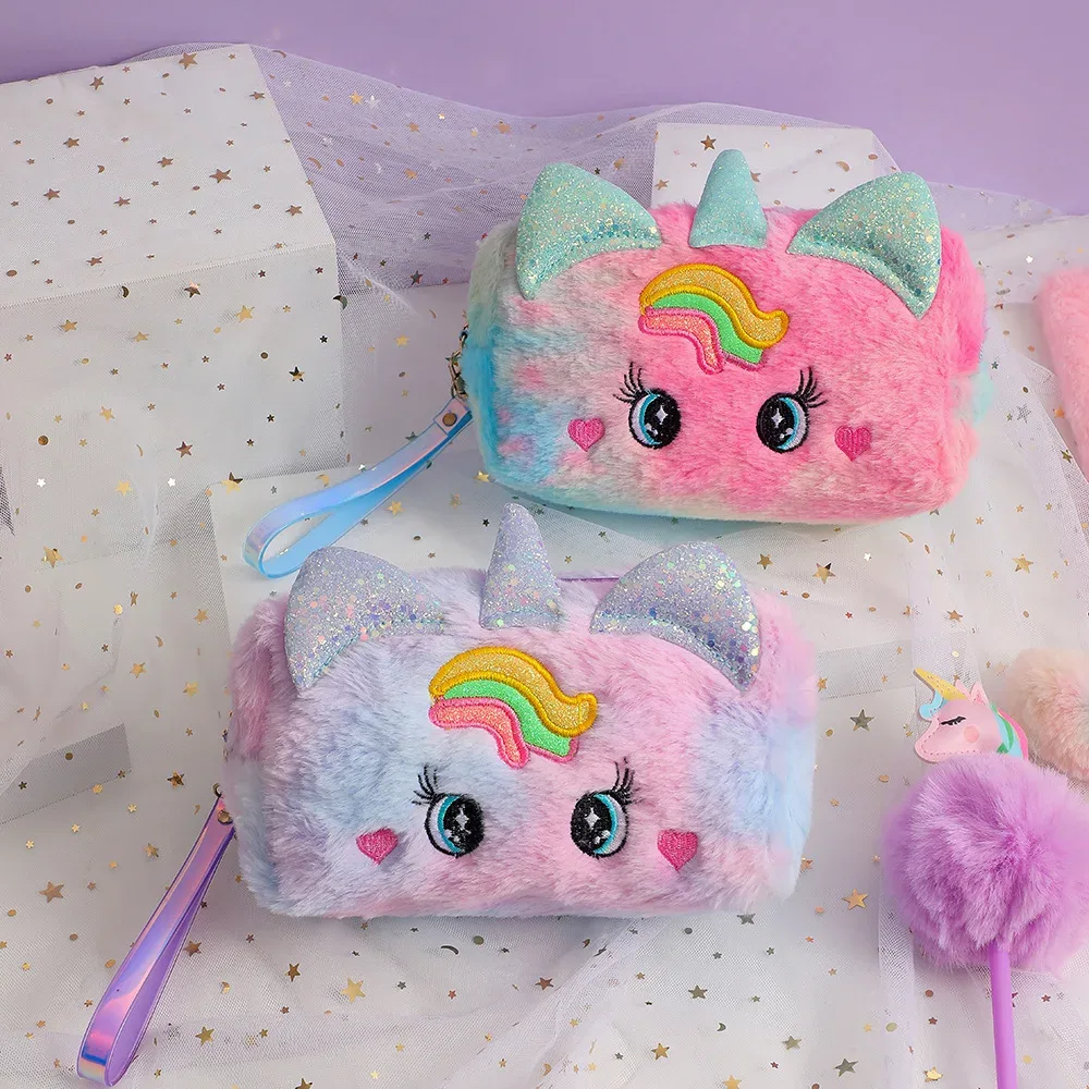 trousse toilette velours licorne rose bleu blanc design mignon ovale transport fille étudiante cosmétique maquillage