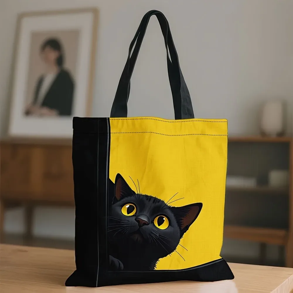sac fourre-tout élégant imprimé chat noir, sac de shopping à bandoulière léger et pliable pour voyage scolaire, sac à main de rangement portable