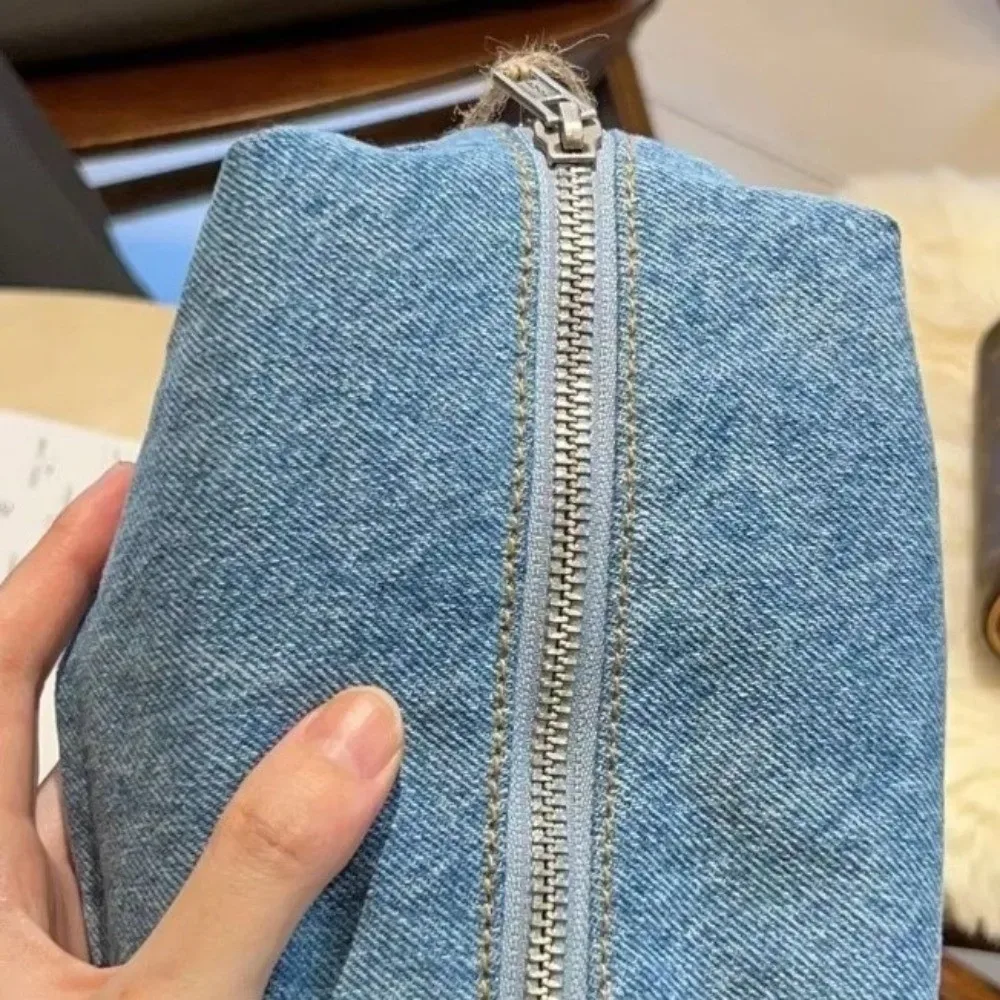 sac de maquillage en denim bleu de couleur unie, organisateur de voyage, sac à crayons d'étudiant de style coréen, sacs à cosmétiques rectangulaires vintage en jean