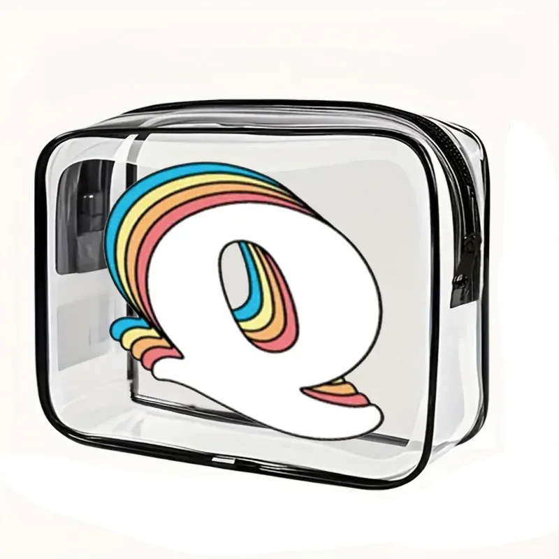 organisateur voyage cosmétiques pvc translucide poignée noire motif arcs-en-ciel lettre grande capacité format tonneau sac compression