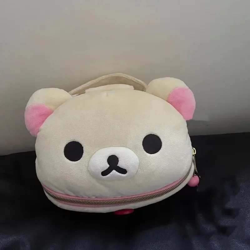 nouvelle trousse de maquillage et de rangement portable en peluche rilakkuma ours fille, mignonne, elliptique, stéréoscopique, motif dessin animé, facile à ranger