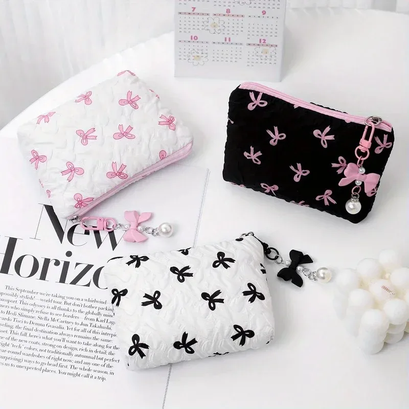pochette à maquillage brodée avec nœud, design élégant, porte-monnaie, sac de rangement, mignon, grande capacité, trousse de maquillage haut de gamme