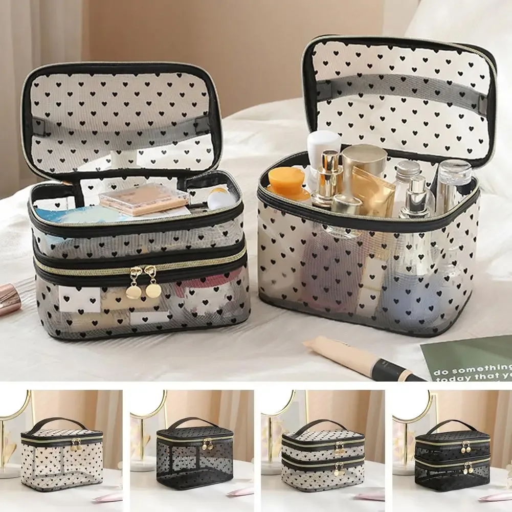sac à cosmétiques en maille noire à double couche, trousse de maquillage portable de grande capacité, pochette de rangement, sacs de toilette à fermeture éclair