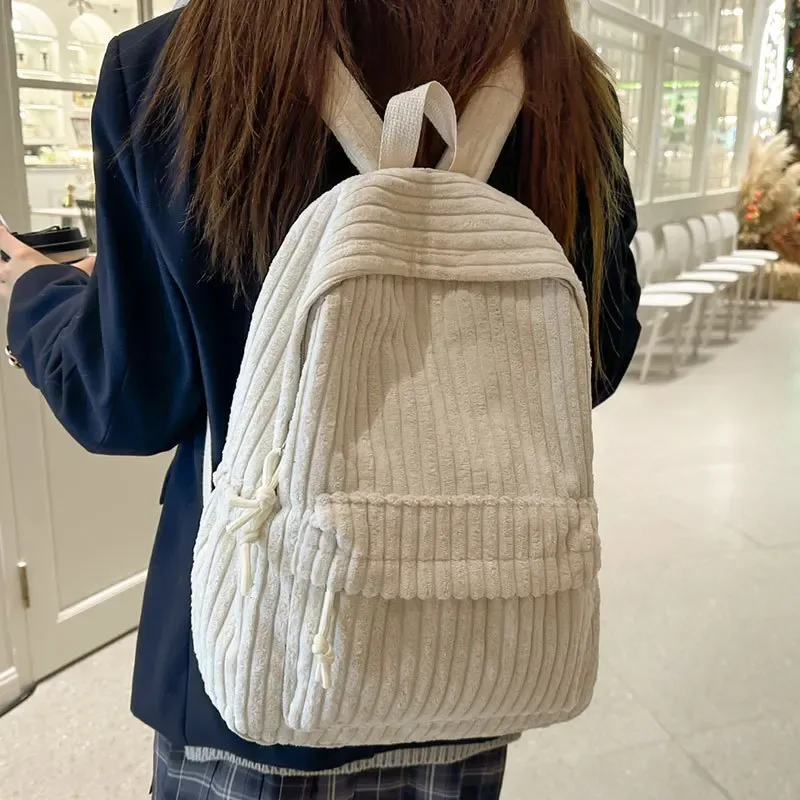 sac à dos rayé en velours côtelé pour femmes, cartable d'étudiant simple, grande capacité, rangement sur ordinateur, sac à dos de voyage pour femmes