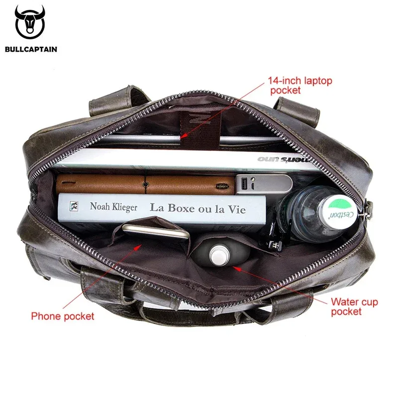 bullcaptain hommes vrai mallette en cuir 14 pouces pochette pour ordinateur portable, décontracté épaule messenger sac fourre-tout, le travail de bureau, 042