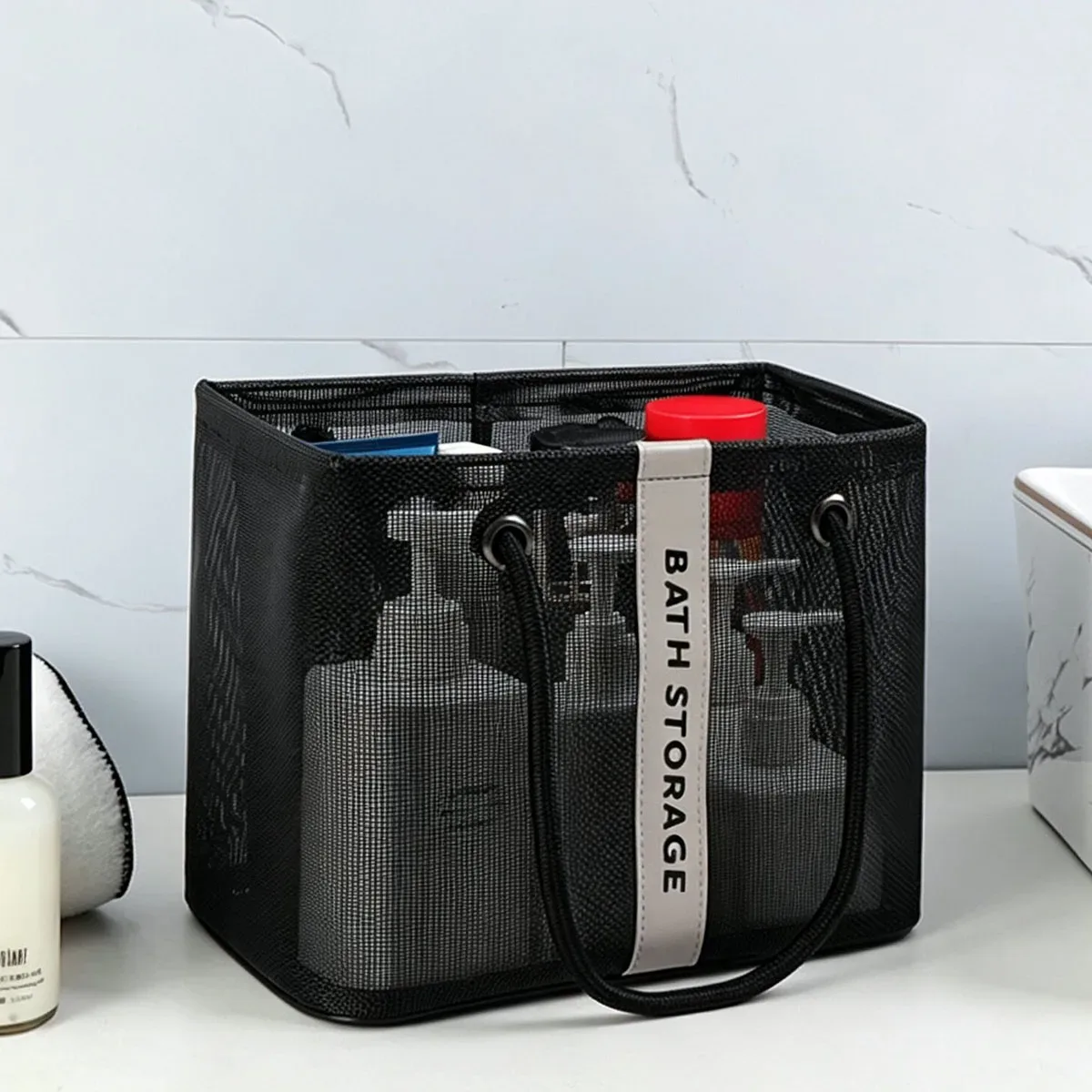 sac de toilette portable en maille avec poignée, séchage rapide, grande capacité, pour salle de bain, douche, voyage, maquillage, sac à main organisateur, panier