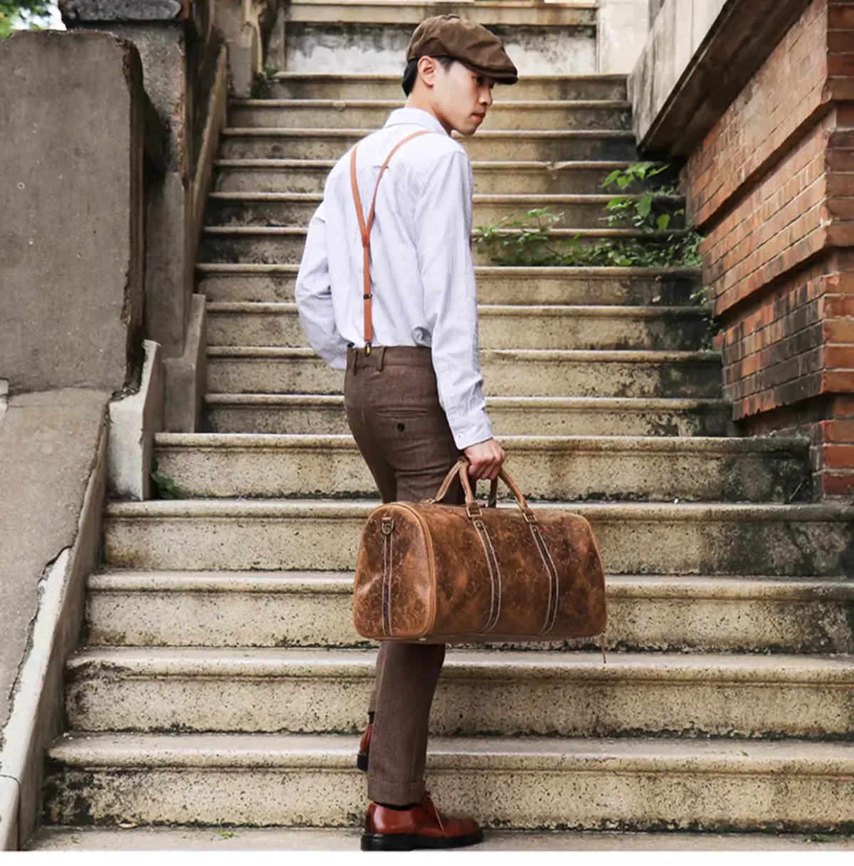 luokir-sac fourre-tout vintage en cuir gaufré, grande capacité, cuir véritable, sac de voyage à court terme pour vêtements et bagages, sac de sport