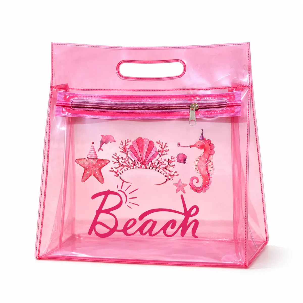 sac de plage en pvc transparent rose, organiseur de cosmétiques étanche avec fermeture éclair pour femmes, piscine, voyage, articles de toilette et été