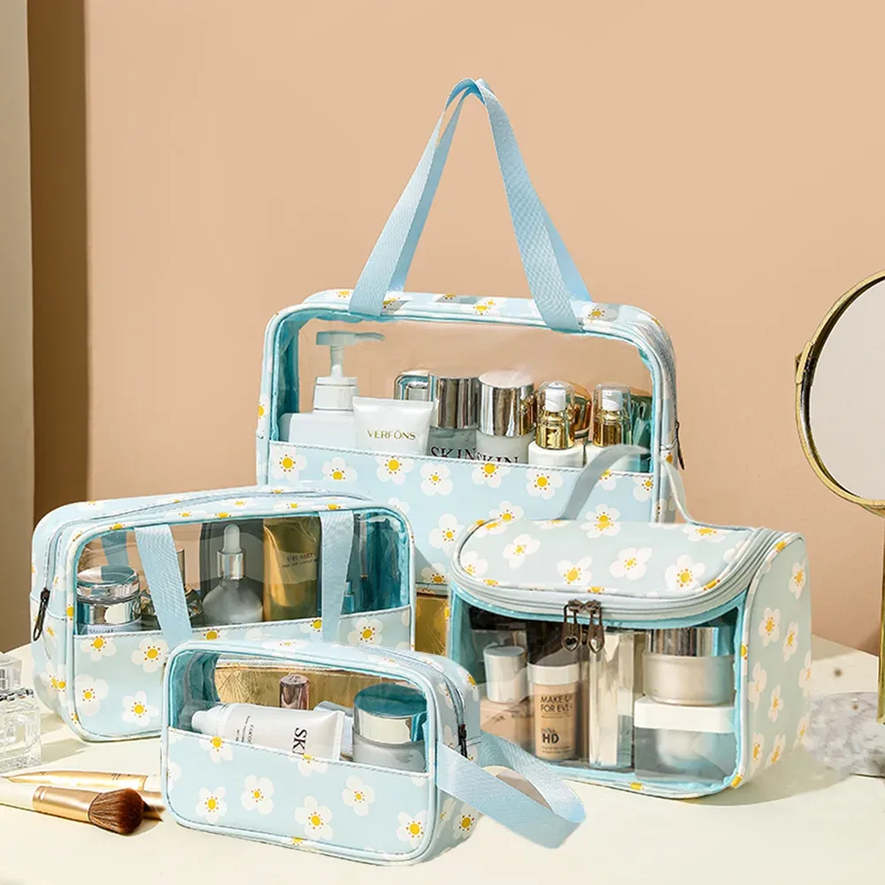 4 pièces sac de maquillage en pvc fleur imprimé sac à main de lavage transparent pochette cosmétique de voyage étanche trousse de toilette pratique porte-monnaie