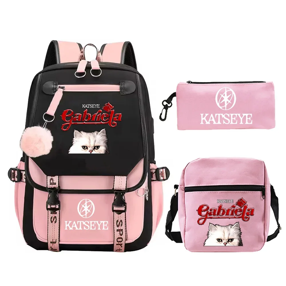 nouveau sac à dos imprimé katseye, 3 pièces/ensemble, sacs d'école pour filles, sac à dos de voyage pour adolescentes, sac à dos de haute qualité, sac à bandoulière, trousse à crayons