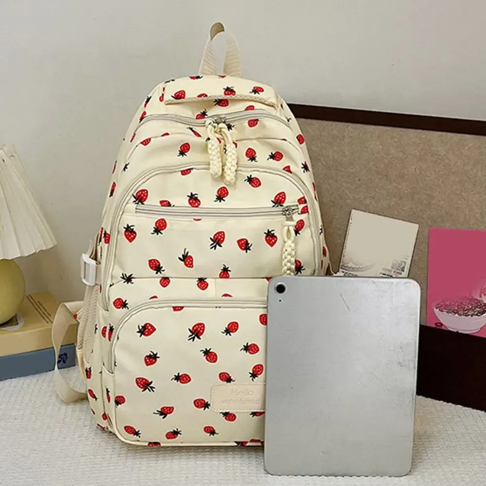 sac à dos en velours côtelé, ensemble de trois pièces, imprimé fraise, sac à dos quotidien décontracté, niche, grande capacité, sac à dos léger pour les déplacements