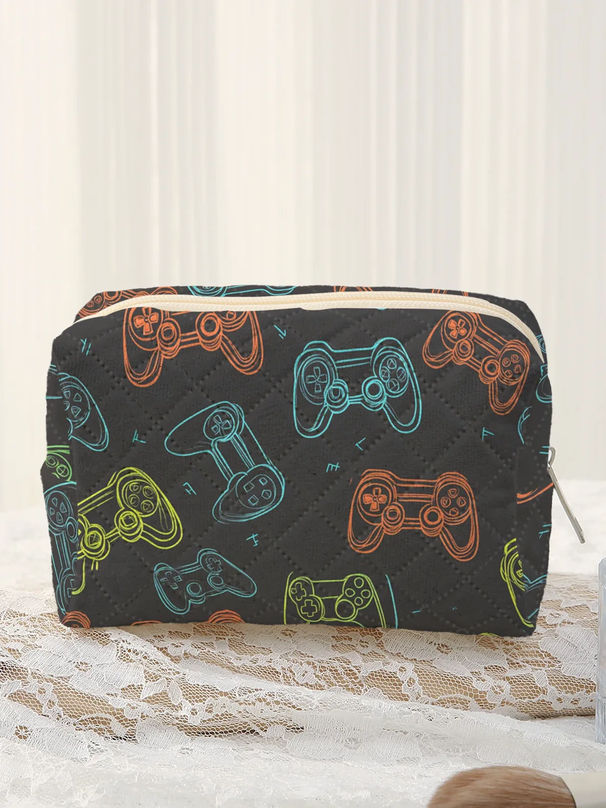 grande trousse de toilette matelassée avec imprimé manette de jeu néon, pochette de maquillage zippée pour garçons gamers, sac de rangement quotidien pour voyage
