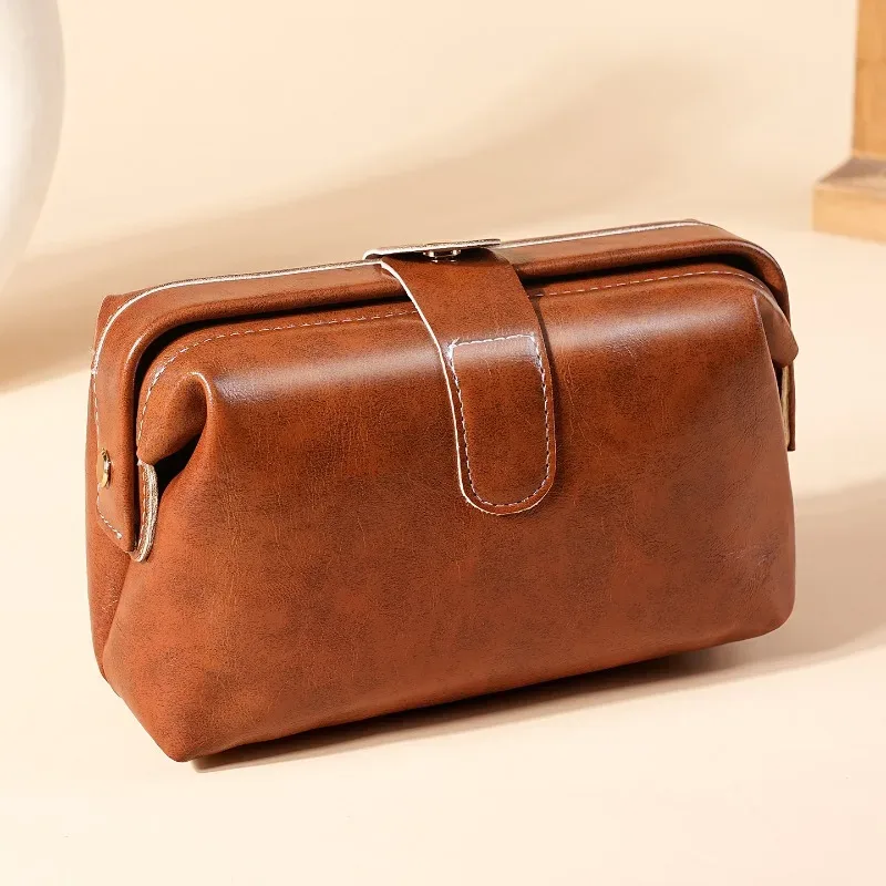 sac à maquillage en cuir véritable, sac cosmétique vintage pour femmes et filles, porte-monnaie à bouton, grande capacité, trousse de maquillage imperméable