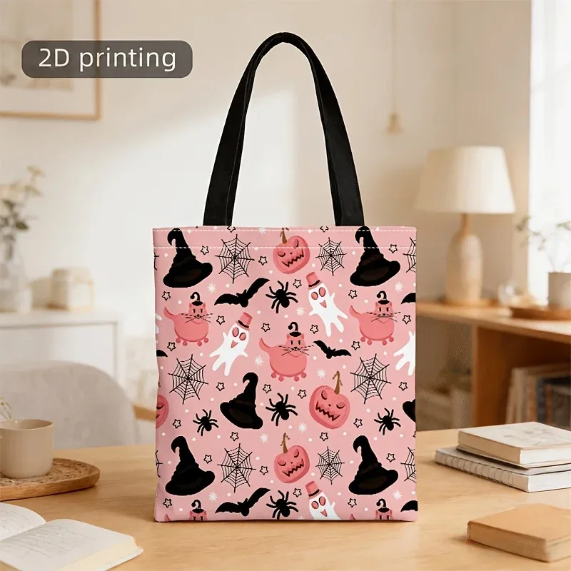 sac fourre-tout en toile rose pour halloween, imprimé fantôme mignon, citrouille, chapeau de sorcière, chauve-souris, araignée, sac à main réutilisable pour femmes.