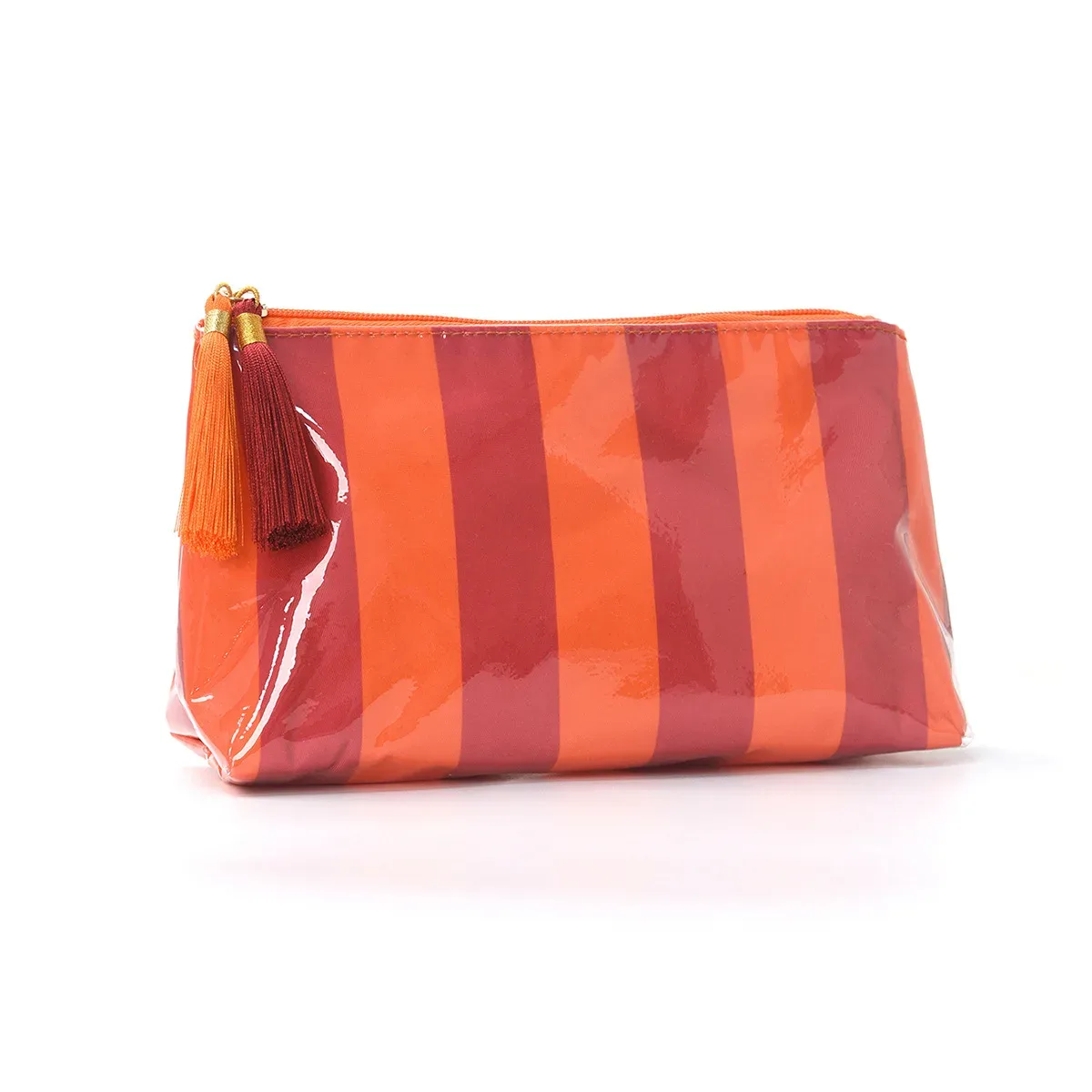 nouvelle trousse de maquillage rayée 2026 avec fermeture éclair et pompon, pochette de rangement imperméable pour cosmétiques et articles de toilette de voyage