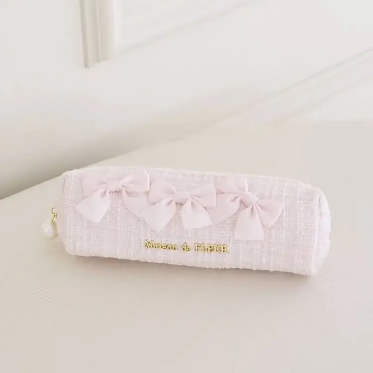 étui à crayons en tweed avec nœud papillon mignon de style japonais, mini organisateur, sac de maquillage pour filles et femmes