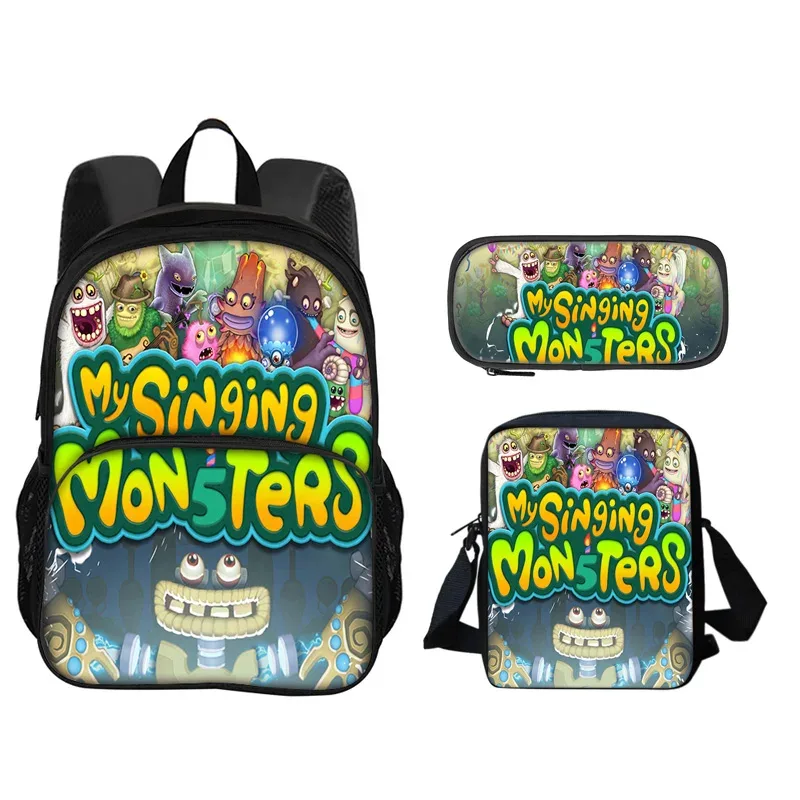 sac à dos my singing monsters, sac à stylos, sac à bandoulière, ensemble de 3 pièces imprimé pour garçons et filles de maternelle et d'école primaire