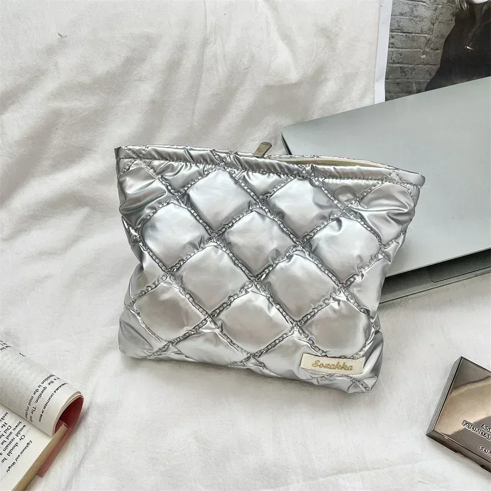 sac à cosmétiques matelassé coréen en pu avec nœud d'amour, pochette pour produits de soins de la peau, poche intérieure, sac de rangement multifonction pour maquillage et rouge à lèvres