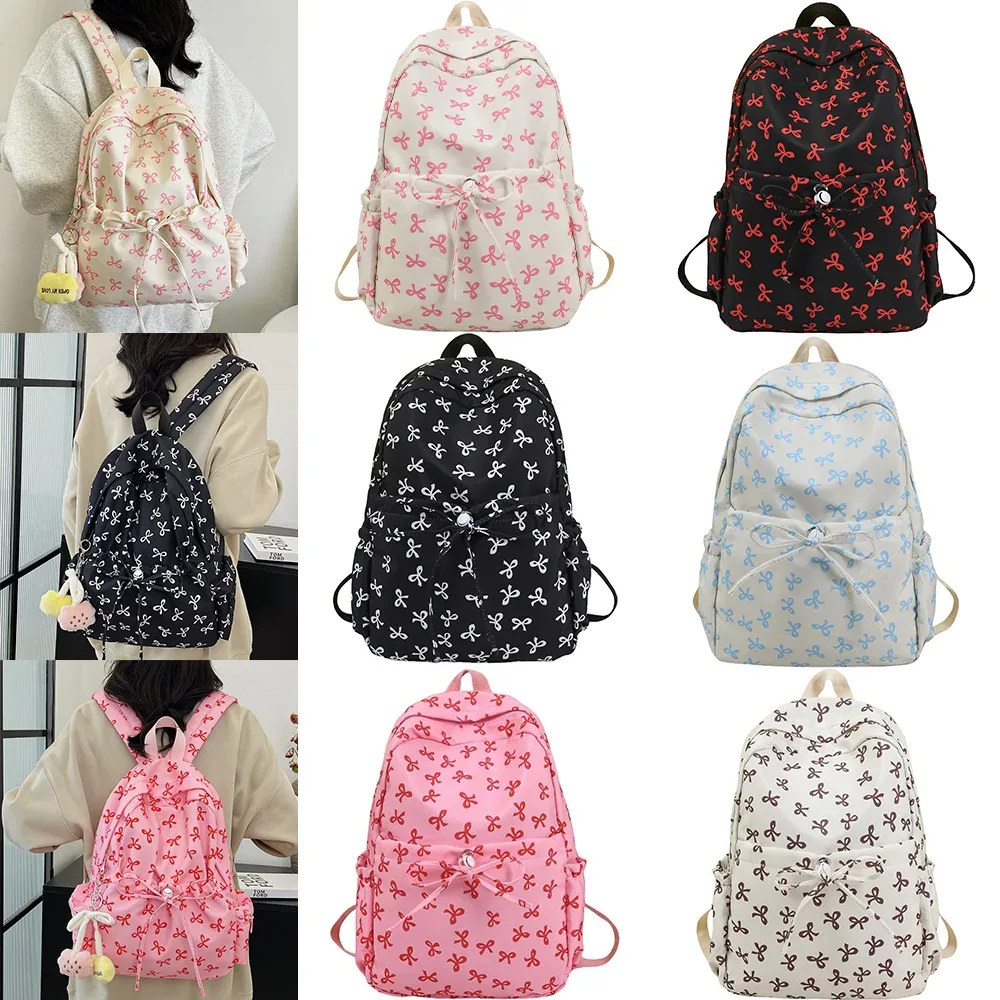 sac à dos mignon à nœud de grande capacité, sac d'école en nylon imprimé avec nœud, sac à dos de voyage à sangle réglable