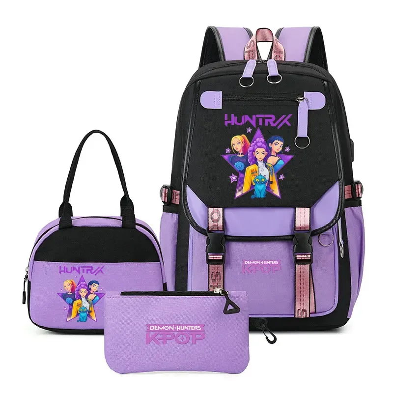 sac à dos kpop demon hunter pour adolescents, cartable de grande capacité, 3 pièces/ensemble avec sac à lunch pour femmes, étudiants, décontracté, confortable, pour voyage, mochilas
