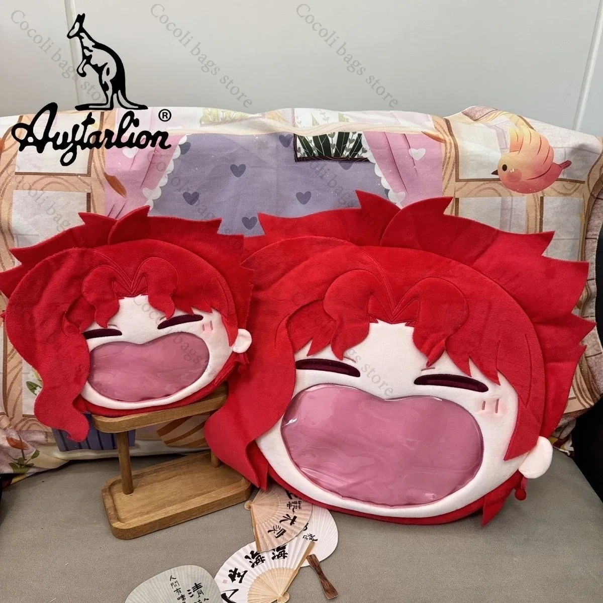 sac dos polyester dessin animé visage fillette cheveux rouges sourire coeurs floraux rouge blanc rose femme unisexe