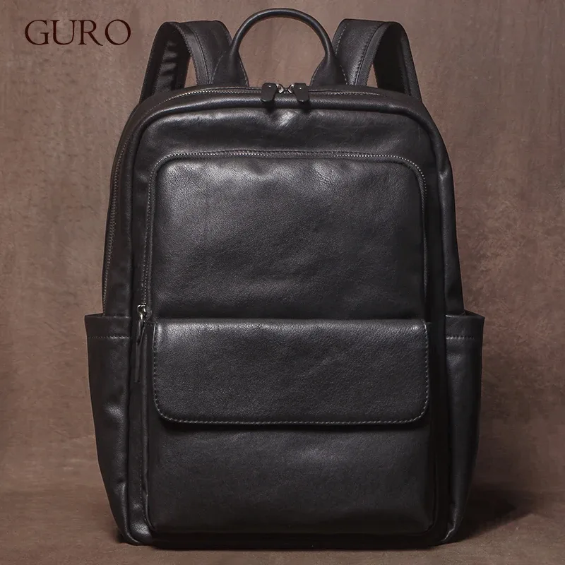 guro hommes décontracté en cuir véritable sac à dos peau de vache naturelle cartable à la mode de luxe sac de voyage d'affaires bureau 16 pouces pochette d'ordinateur