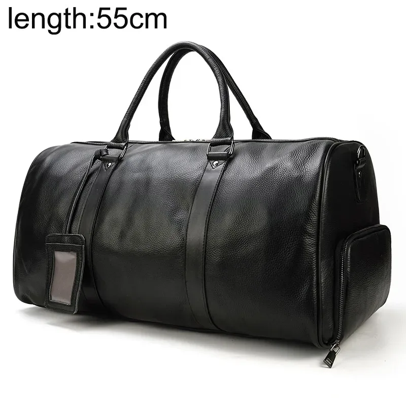sac de voyage en cuir véritable de grande capacité pour hommes et femmes, en cuir de vache noir souple, polochon de voyage décontracté, grand sac à bandoulière pour week-end