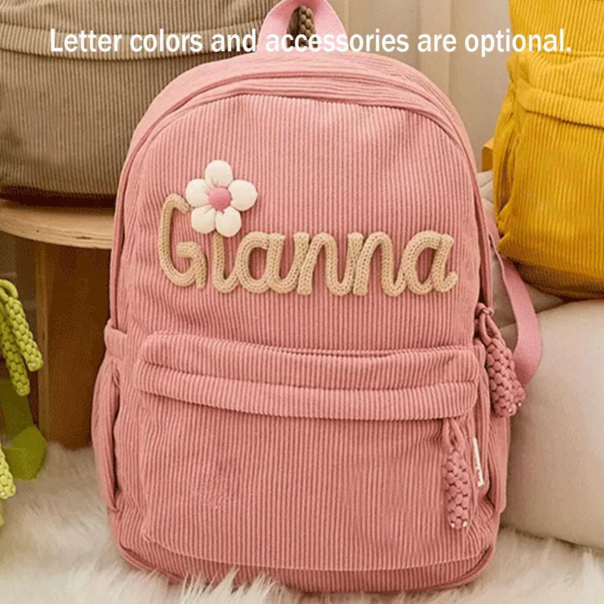 sacs à dos personnalisés en velours côtelé – sacs à dos brodés sur mesure, décorations florales/animalières, styles parent-enfant, sac pour sœur/frère