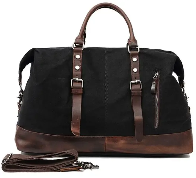 sac de voyage pour homme en toile cirée imperméable et cuir, sac à main, sac de cabine, grand sac fourre-tout vintage, sac de week-end, grand sac de nuit.