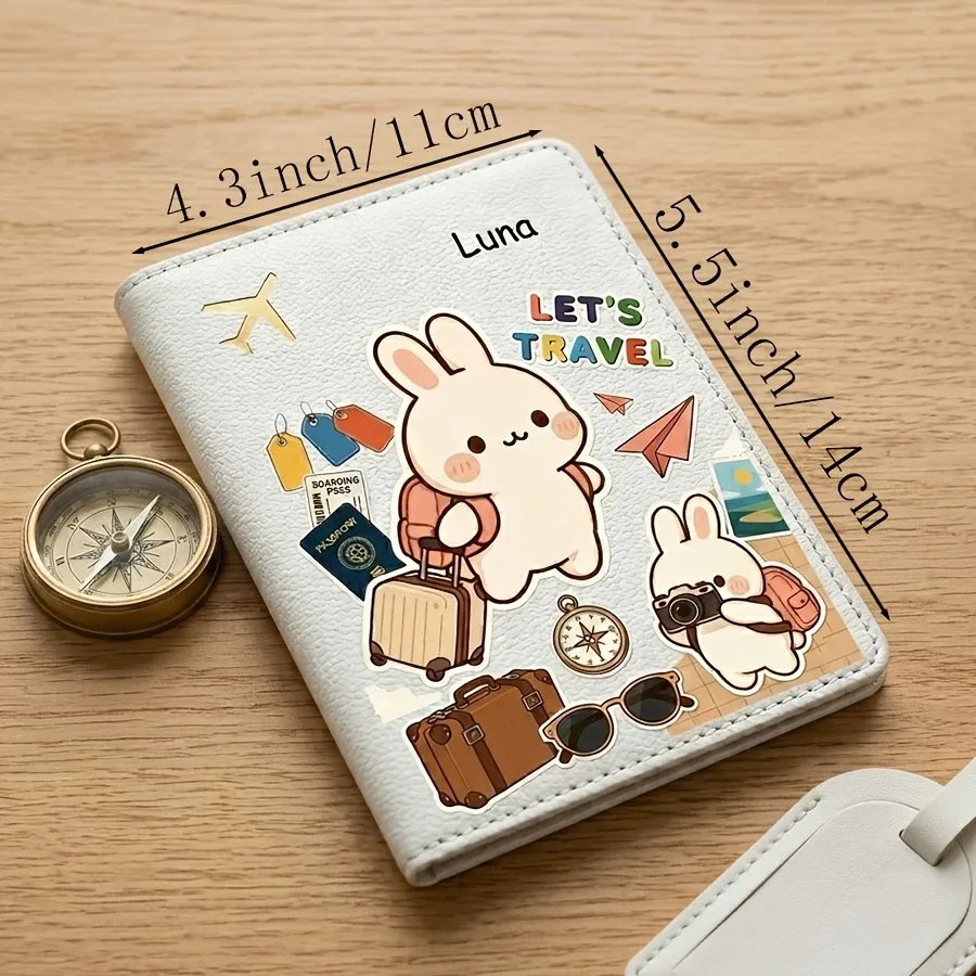 housse de passeport à motif de lapin de dessin animé mignon, personnalisable avec nom et texte, rangement pour livre de passeport, accessoire de voyage, sac de passeport