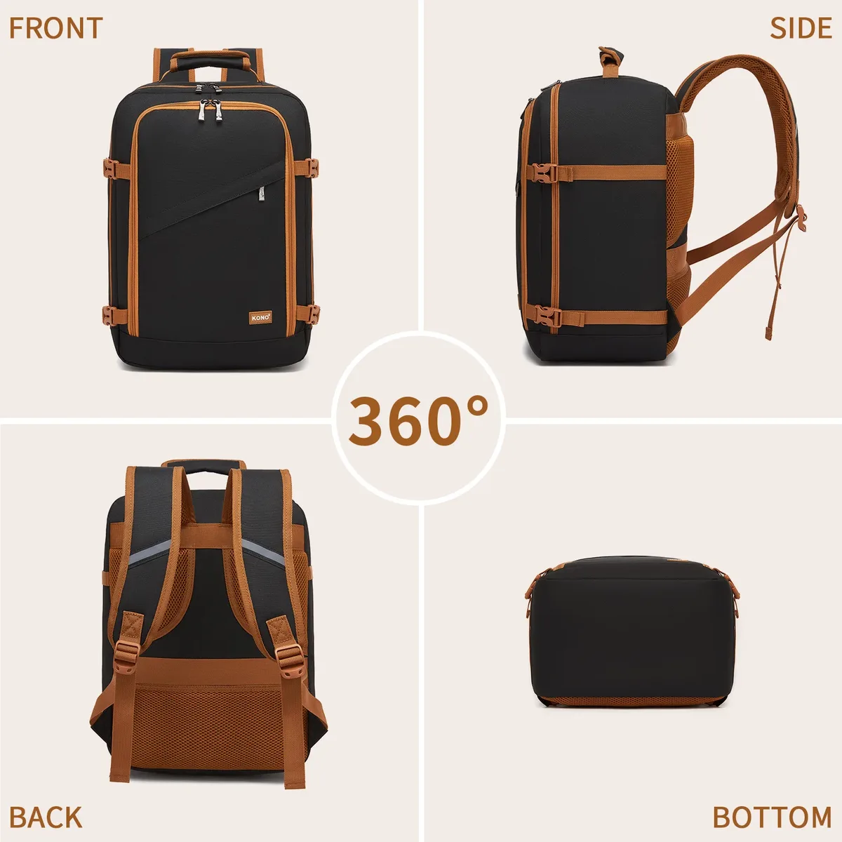 sac de cabine kono pour ryanair (40x30x20 cm, 24l), sac à dos de voyage sous siège, taille cabine, noir/marron