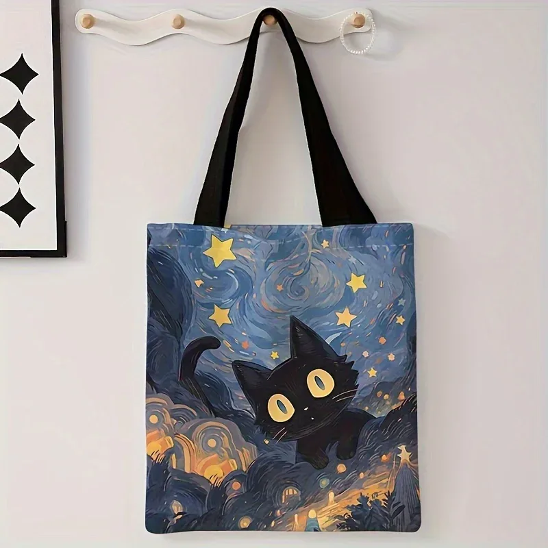 sac fourre-tout imprimé motif chat noir, sac à bandoulière en tissu de coton pour femmes, sac à main écologique pliable et réutilisable