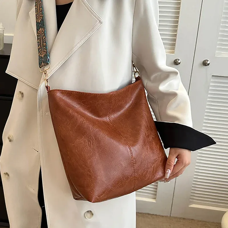 sac à bandoulière en cuir pu pour femmes, vintage, couleur unie, mode, grande capacité, simple, réglable, large sangle, sacs seau