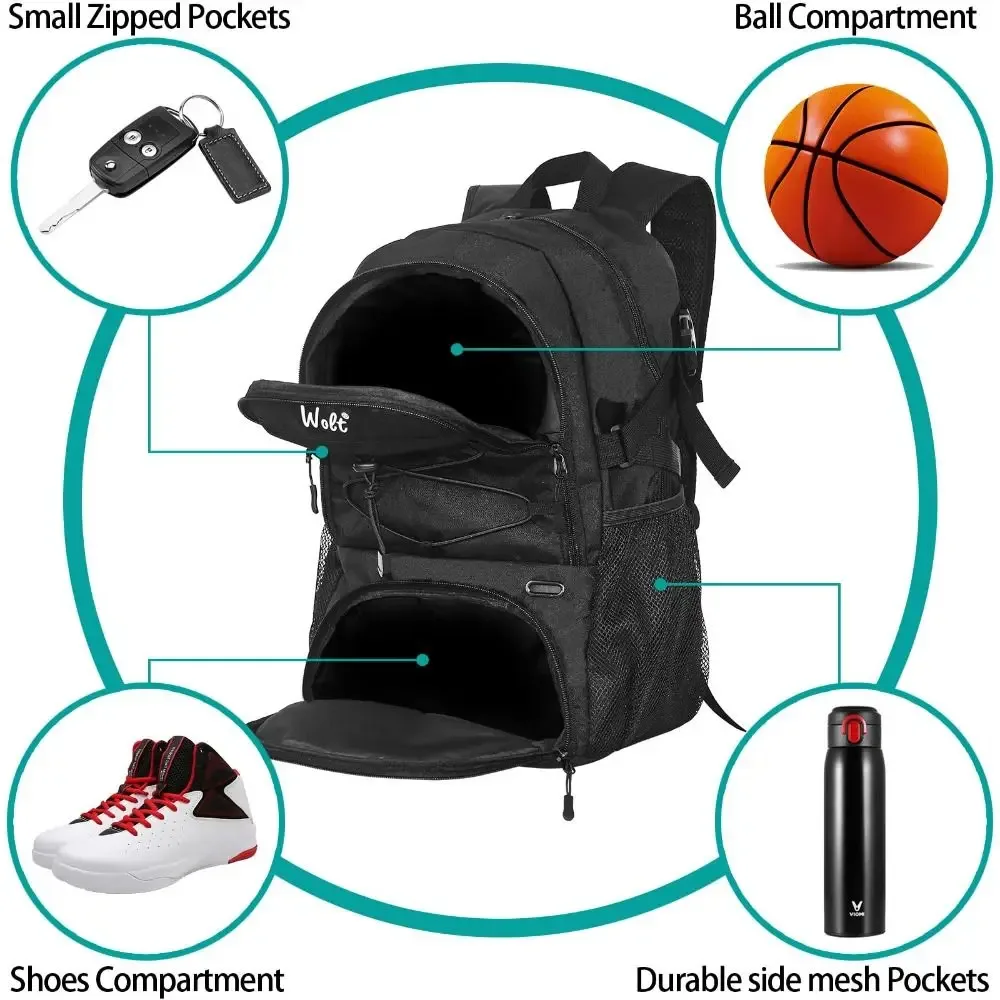 sac à dos de basket-ball de grande capacité, compartiment pour chaussures, porte-balle séparé, sac à dos de ballon de football, sac de sport respirant et étanche