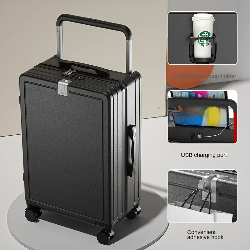 valise multifonctionnelle à roulettes avec poignée large, fermeture éclair, porte-gobelet, port usb, 20 pouces, bagage à main pour voyage