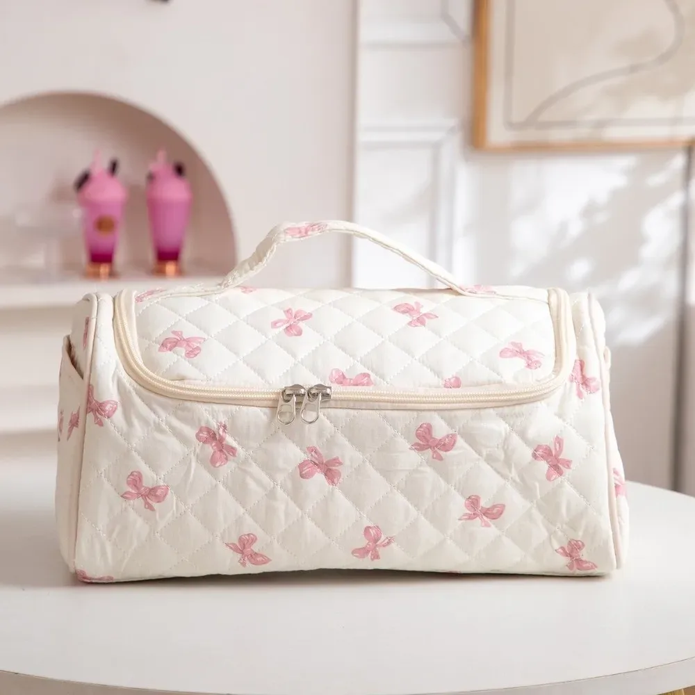 trousse de toilette tendance matelassée, trousse à maquillage portable avec nœud, sac de voyage grande capacité de haute qualité pour sèche-cheveux pour femme