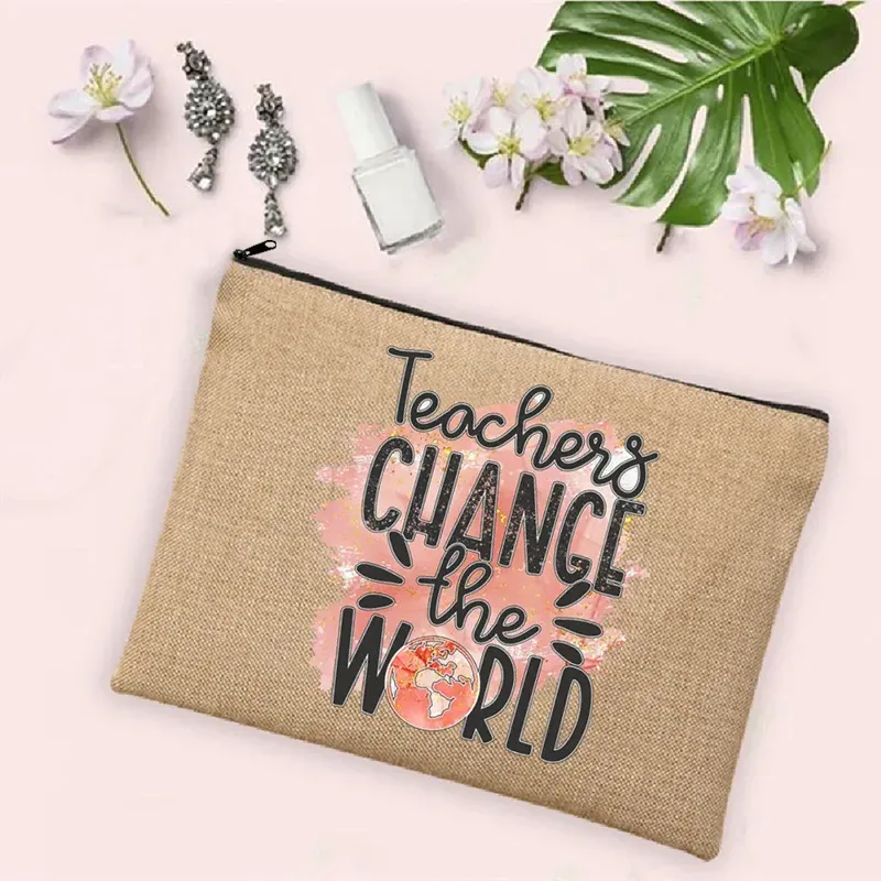 teacher change the world linen powder trousse de toilette de voyage pour femme, trousse de maquillage, cadeau de retour à l'école, sac à cosmétiques