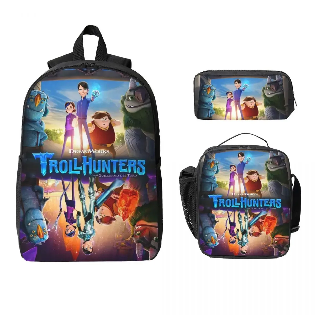 sac dos polyester impression trollhunters noire bandoulières ajustables poches latérales set pique-nique isolation aliments usage écolier voyage