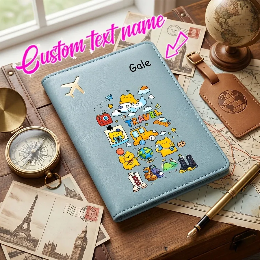 porte-passeport personnalisé avec nom et texte, étui de passeport mignon à motif de dessin animé, couverture de passeport et organiseur de documents, porte-billets de voyage